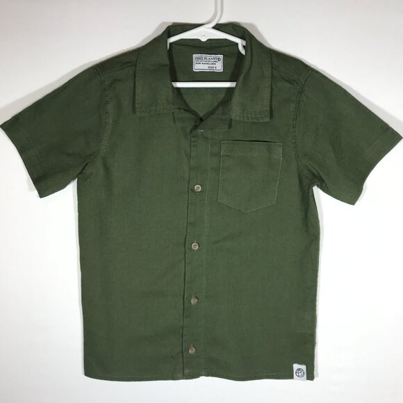 Free Planet Boy's 6 Green Linen Blend Button Up Short Sleeve Shirt - Picture 1 of 9